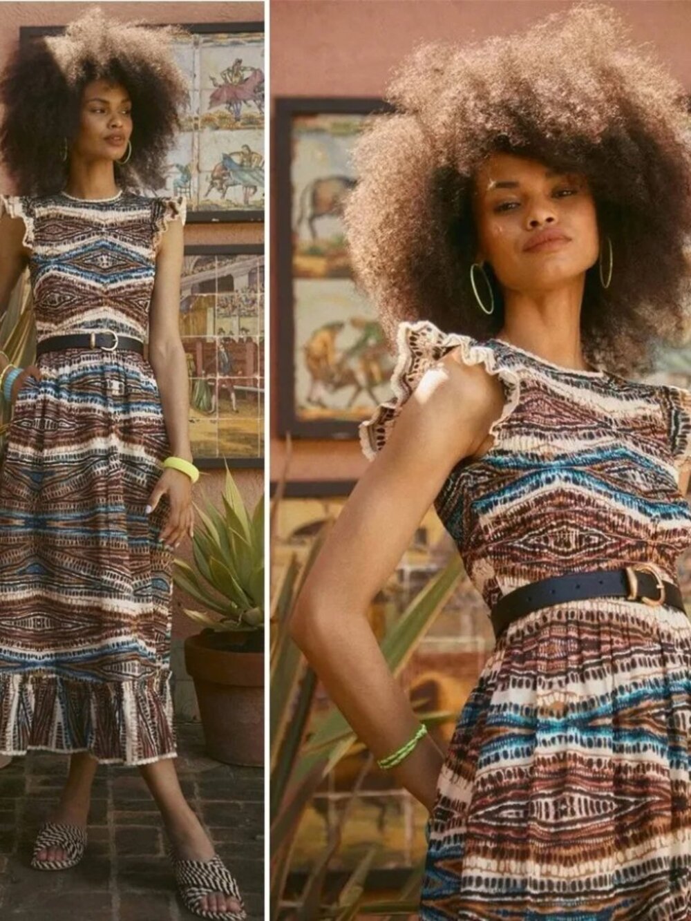 HUNTER BELL Hayward Midi Dress ZigZag Smocked Stretch Cotton Flutter Sleeve maxi